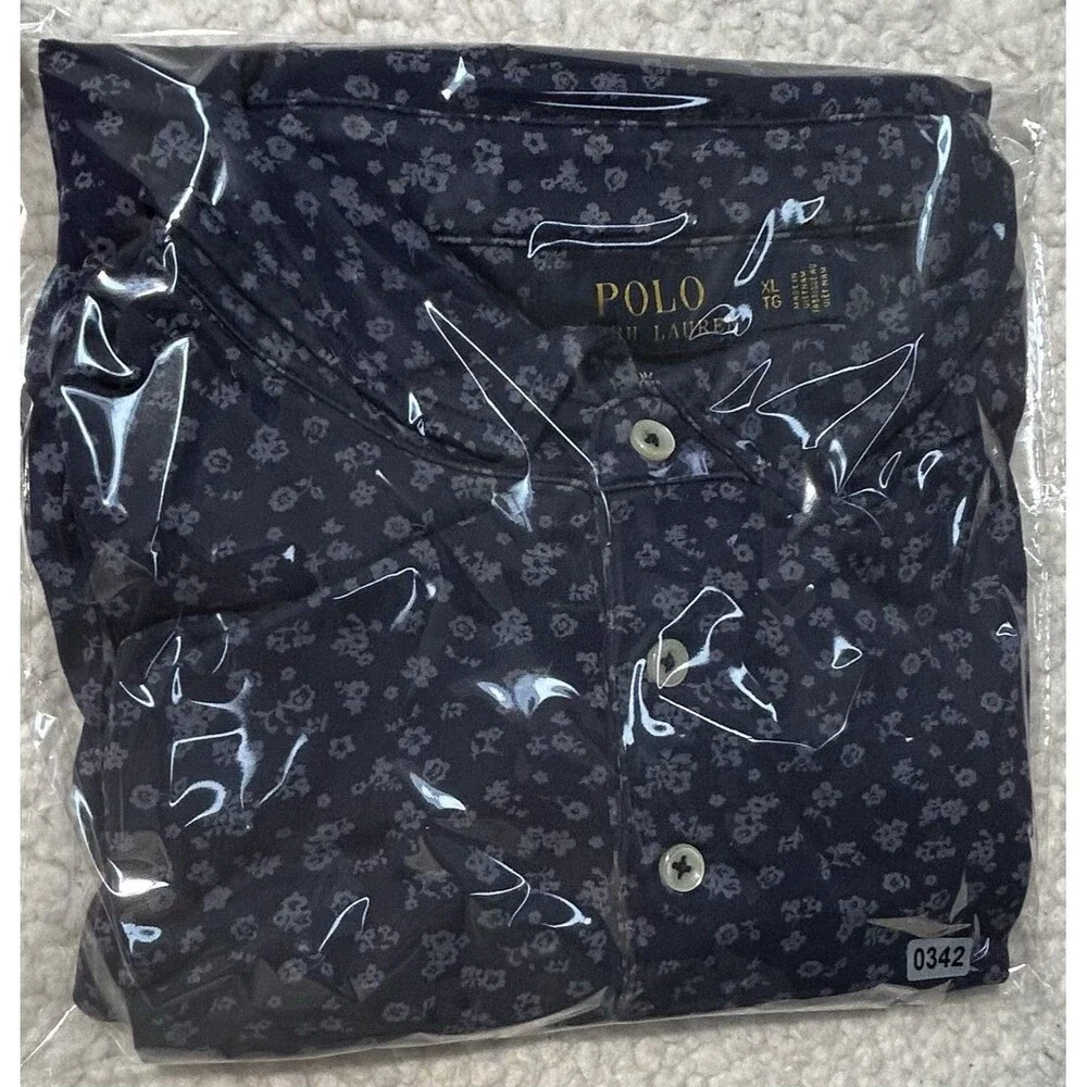 Polo Ralph Lauren Men's XL Custom Slim Fit Indigo Floral Pique Polo Shirt Logo
